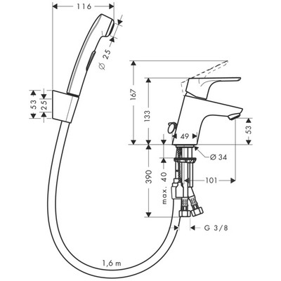 Obrázek HANSGROHE Focus Páková umyvadlová baterie 70 s ruční sprchou Bidette a sprchovou hadicí 160 cm 31926000 chrom