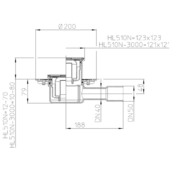 Obrázek HL podlahová vpust DN40/50 - mřížka 115x115 nerez HL510N