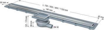 Obrázek KESSEL Linearis Super 60 kompletní sprchový žlab boční výtok; DN 50; Výška vodního uzávěru 30 mm; Délka kanálu 1150 mm 45700.87