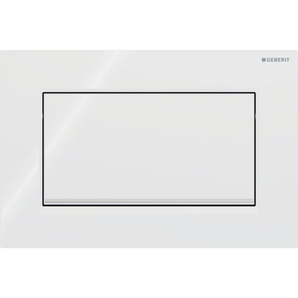 GEBERIT Ovládací tlačítko Geberit Sigma10 (dříve Sigma30), pro splachování Start/Stop, Square, přišroubovatelné Deska a ovládací tlačítko: bílé Designový proužek: pochromovaný lesklý #115.893.KJ.1