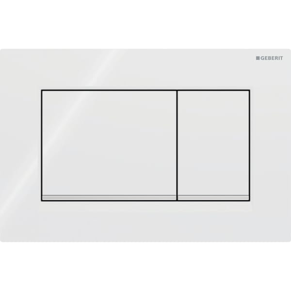 GEBERIT Ovládací tlačítko Geberit Sigma20 (dříve Sigma30), pro 2 množství splachování, Square Deska a ovládací tlačítka: bílá Designový proužek: pochromovaný lesklý #115.883.KJ.1
