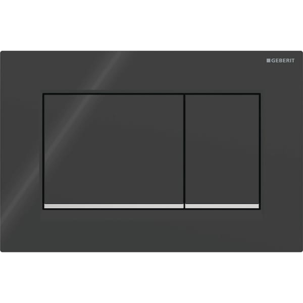 GEBERIT Ovládací tlačítko Geberit Sigma20 (dříve Sigma30), pro 2 množství splachování, Square Deska a ovládací tlačítka: černá Designový proužek: pochromovaný lesklý #115.883.KM.1