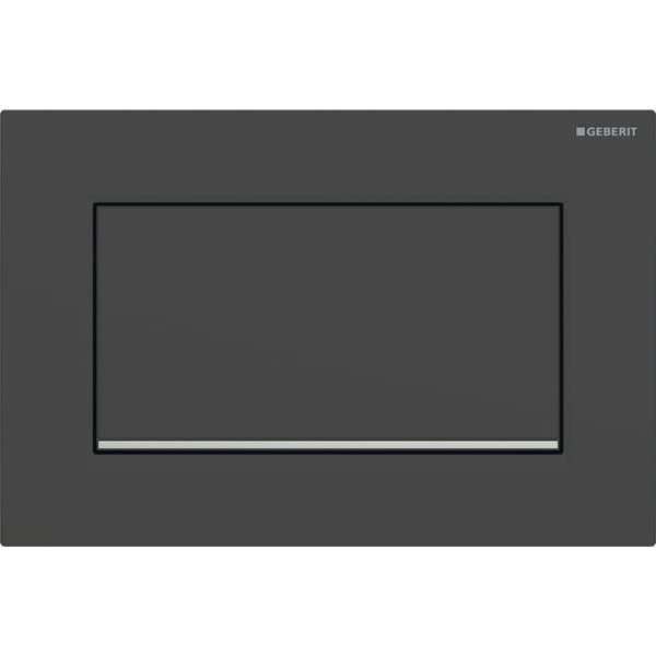 GEBERIT Ovládací tlačítko Geberit Sigma10 (dříve Sigma30), pro splachování Start/Stop, Square, přišroubovatelné Deska a ovládací tlačítko: černý lakovaný mat, s povrchovou úpravou easy-to-clean Designový proužek: pochromovaný lesklý #115.893.14.1
