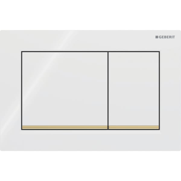 GEBERIT Ovládací tlačítko Geberit Omega20 (dříve Omega30), pro 2 množství splachování, Square Deska a ovládací tlačítka: bílá Designový proužek: pozlacený #115.080.KK.1