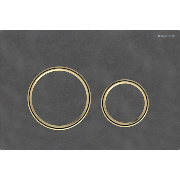 GEBERIT Ovládací tlačítko Geberit Sigma50 (dříve Sigma21), pro 2 množství splachování, Round, kovová barva, mosaz Základní deska a designové kroužky: mosaz Krycí deska a tlačítka: Břidlice Mustang #115.652.JM.1