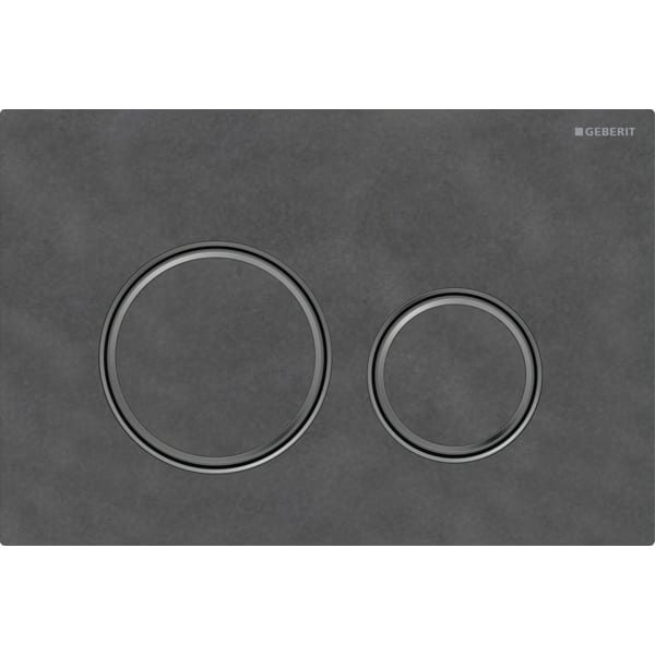 GEBERIT Ovládací tlačítko Geberit Sigma50 (dříve Sigma21), pro 2 množství splachování, Round, kovová barva, černý chrom Základní deska a designové kroužky: černý chrom Krycí deska a tlačítka: Břidlice Mustang #115.651.JM.1