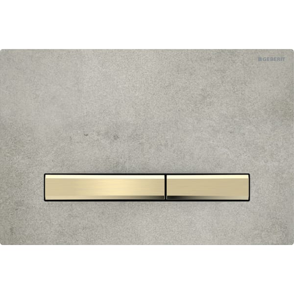 GEBERIT Ovládací tlačítko Geberit Sigma50, pro 2 množství splachování, Square, kovová barva, mosaz Základní deska a tlačítka: mosaz Krycí deska: Dekor betonu #115.672.JV.2