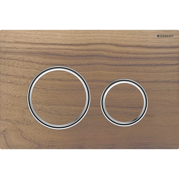 GEBERIT Ovládací tlačítko Geberit Sigma50 (dříve Sigma21), pro 2 množství splachování, Round, kovová barva, pochromované Základní deska a designové kroužky: chromované Krycí deska a tlačítka: Ořech americký #115.884.JX.1