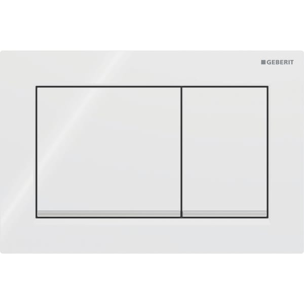 GEBERIT Ovládací tlačítko Geberit Omega20 (dříve Omega30), pro 2 množství splachování, Square Deska a ovládací tlačítka: bílá Designový proužek: pochromovaný lesklý #115.080.KJ.1